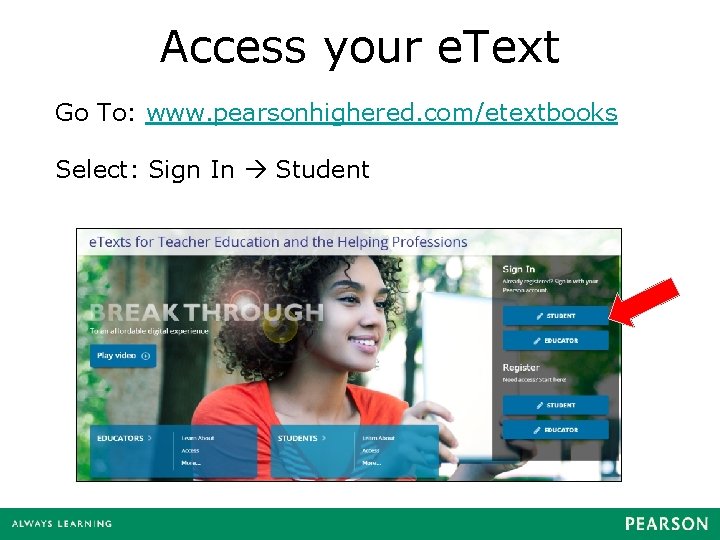 Access your e. Text Go To: www. pearsonhighered. com/etextbooks Select: Sign In Student 