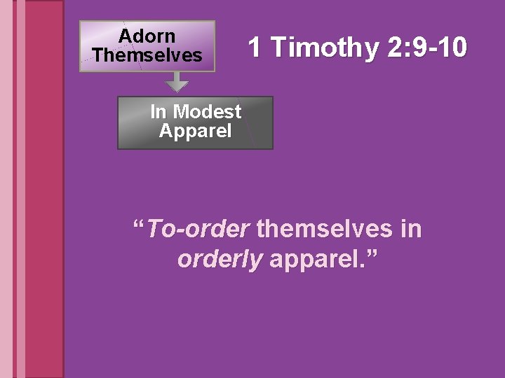 Adorn Themselves 1 Timothy 2: 9 -10 In Modest Apparel “To-order themselves in orderly