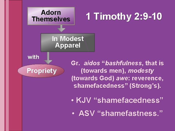 Adorn Themselves 1 Timothy 2: 9 -10 In Modest Apparel with Propriety Gr. aidos