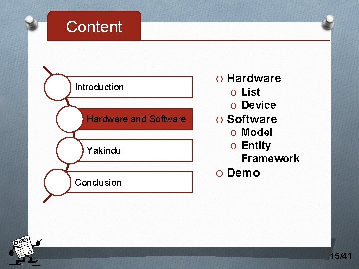 Content Introduction Hardware and Software Yakindu Conclusion O Hardware O List O Device O