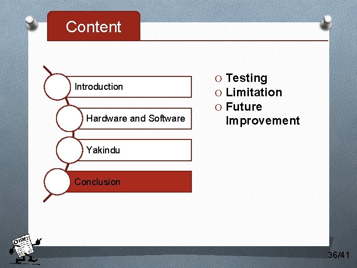 Content Introduction Hardware and Software O Testing O Limitation O Future Improvement Yakindu Conclusion