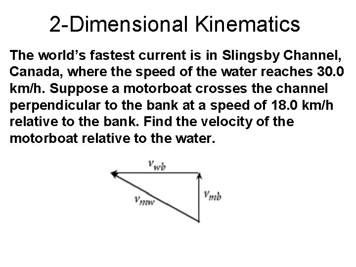 2 -Dimensional Kinematics The world’s fastest current is in Slingsby Channel, Canada, where the