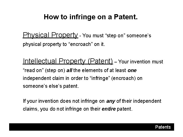 How to infringe on a Patent. Physical Property - You must “step on” someone’s