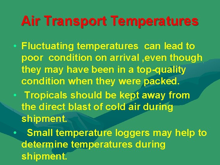 Air Transport Temperatures • Fluctuating temperatures can lead to poor condition on arrival ,