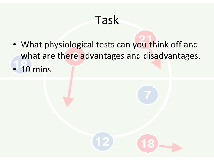 Task • What physiological tests can you think off and what are there advantages