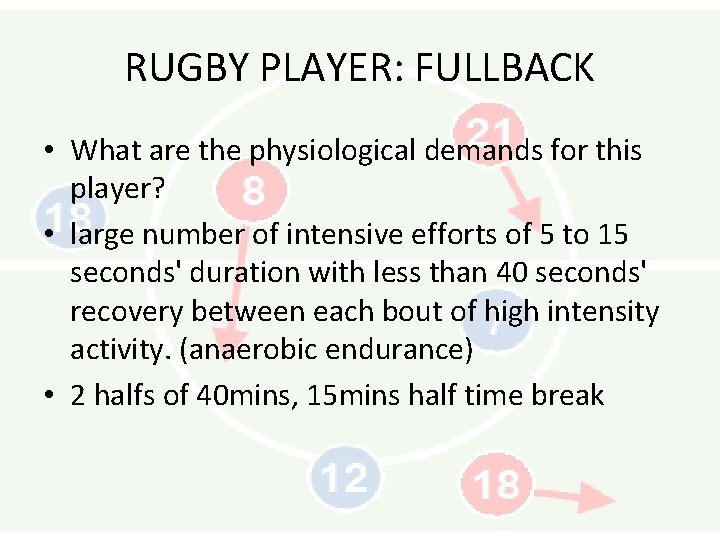 RUGBY PLAYER: FULLBACK • What are the physiological demands for this player? • large