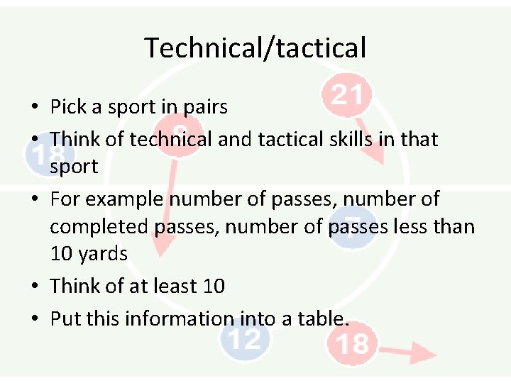 Technical/tactical • Pick a sport in pairs • Think of technical and tactical skills