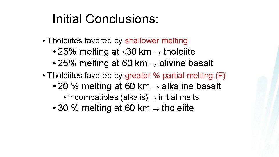 Initial Conclusions: • Tholeiites favored by shallower melting • 25% melting at <30 km