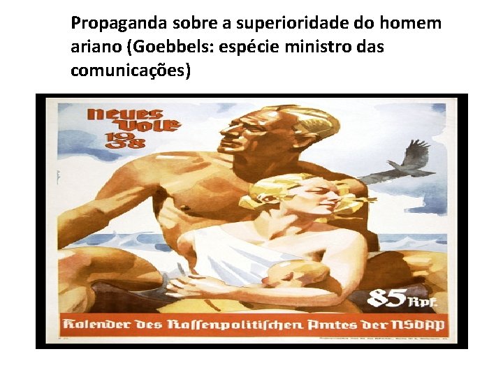 Propaganda sobre a superioridade do homem ariano (Goebbels: espécie ministro das comunicações) 