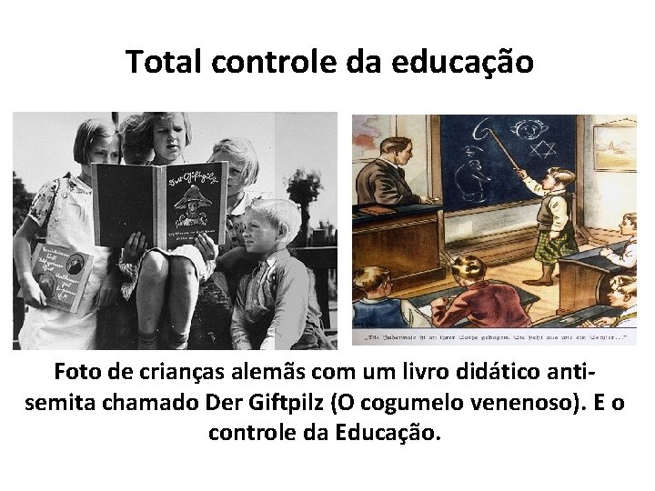 Total controle da educação Foto de crianças alemãs com um livro didático antisemita chamado