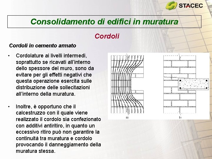 Consolidamento di edifici in muratura Cordoli in cemento armato • Cordolature ai livelli intermedi,