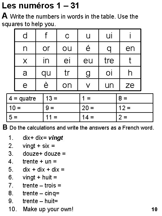 Les numéros 1 – 31 A Write the numbers in words in the table.