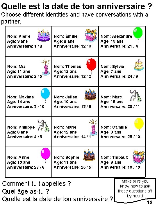Quelle est la date de ton anniversaire ? Choose different identities and have conversations