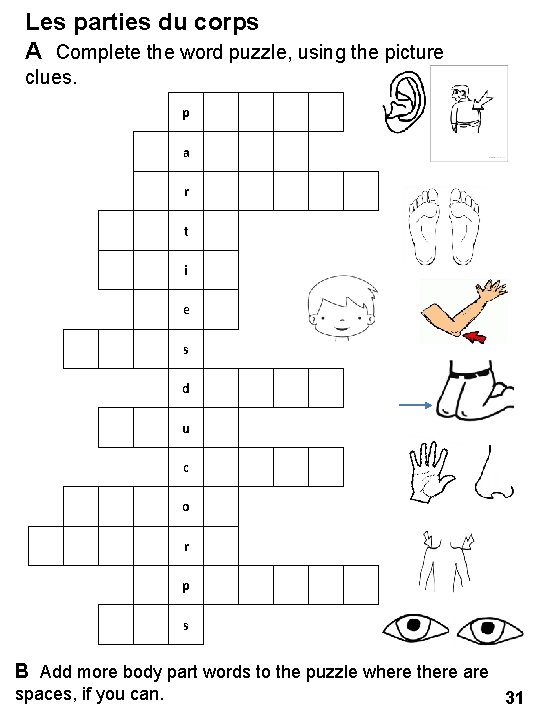 Les parties du corps A Complete the word puzzle, using the picture clues. p