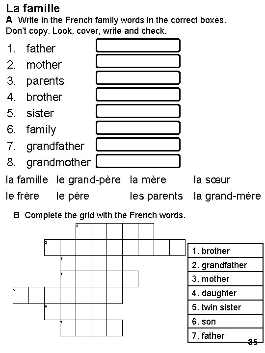 La famille A Write in the French family words in the correct boxes. Don’t
