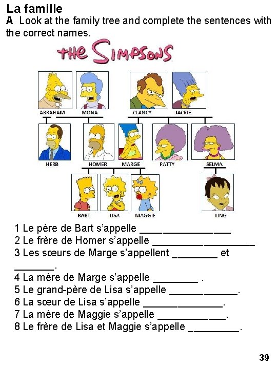 La famille A Look at the family tree and complete the sentences with the