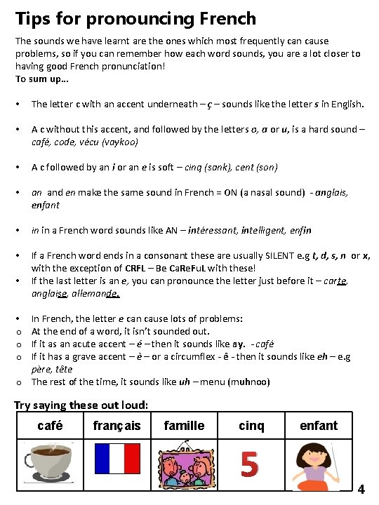 Tips for pronouncing French The sounds we have learnt are the ones which most