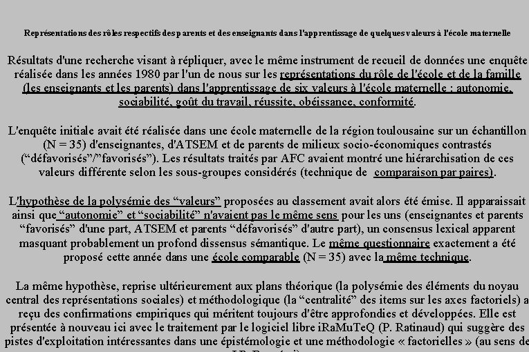 Représentations des rôles respectifs des parents et des enseignants dans l'apprentissage de quelques valeurs