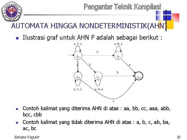 AUTOMATA HINGGA NONDETERMINISTIK(AHN) n n n Ilustrasi graf untuk AHN F adalah sebagai berikut