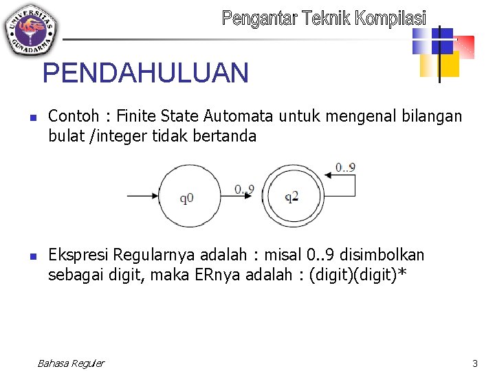 PENDAHULUAN n n Contoh : Finite State Automata untuk mengenal bilangan bulat /integer tidak