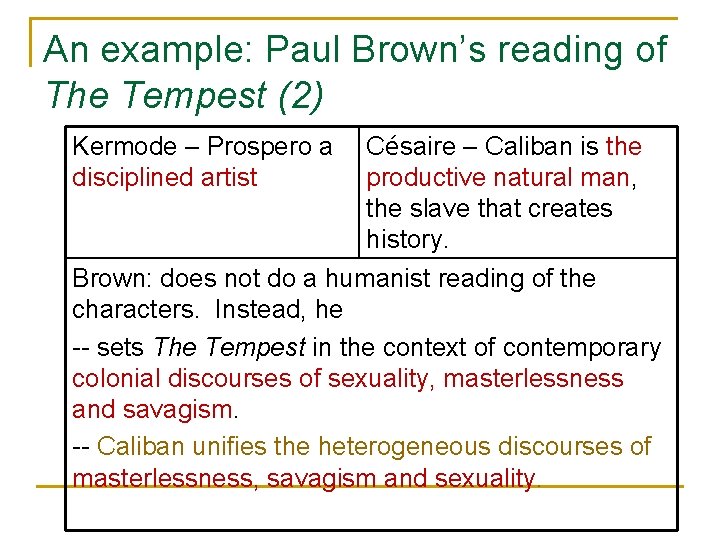 An example: Paul Brown’s reading of The Tempest (2) Kermode – Prospero a Césaire