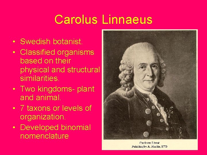 Carolus Linnaeus • Swedish botanist. • Classified organisms based on their physical and structural