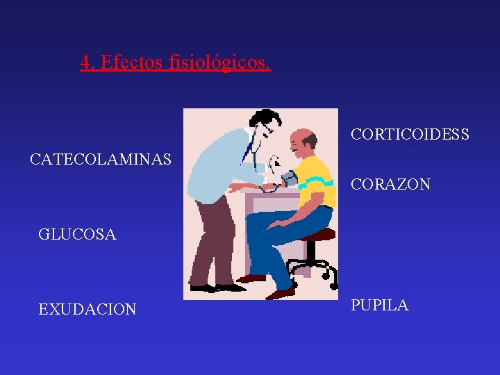 4. Efectos fisiológicos. CORTICOIDESS CATECOLAMINAS CORAZON GLUCOSA EXUDACION PUPILA 