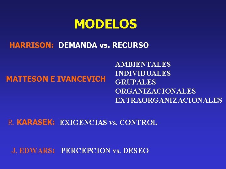 MODELOS HARRISON: HARRISON DEMANDA vs. RECURSO MATTESON E IVANCEVICH AMBIENTALES INDIVIDUALES GRUPALES ORGANIZACIONALES EXTRAORGANIZACIONALES