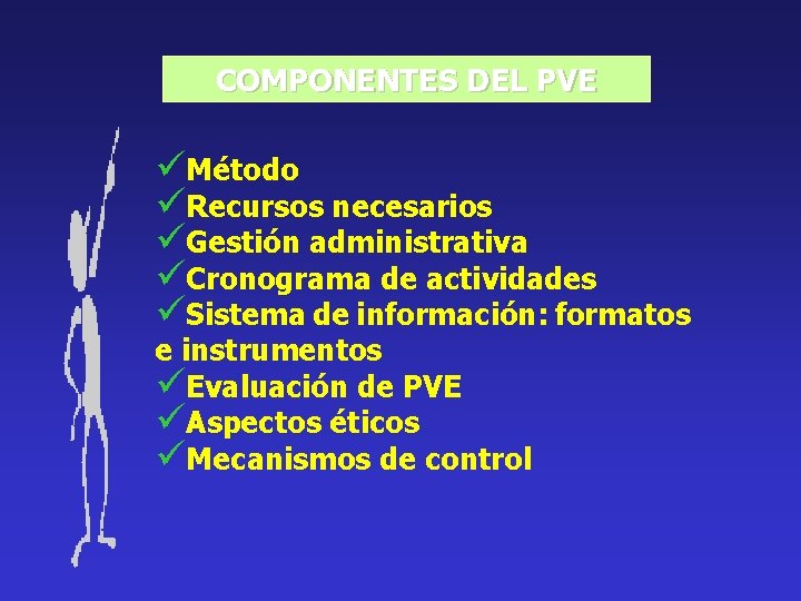 COMPONENTES DEL PVE üMétodo üRecursos necesarios üGestión administrativa üCronograma de actividades üSistema de información: