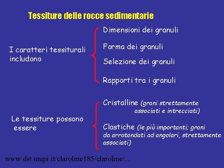 Tessiture delle rocce sedimentarie Dimensioni dei granuli I caratteri tessiturali includono Forma dei granuli