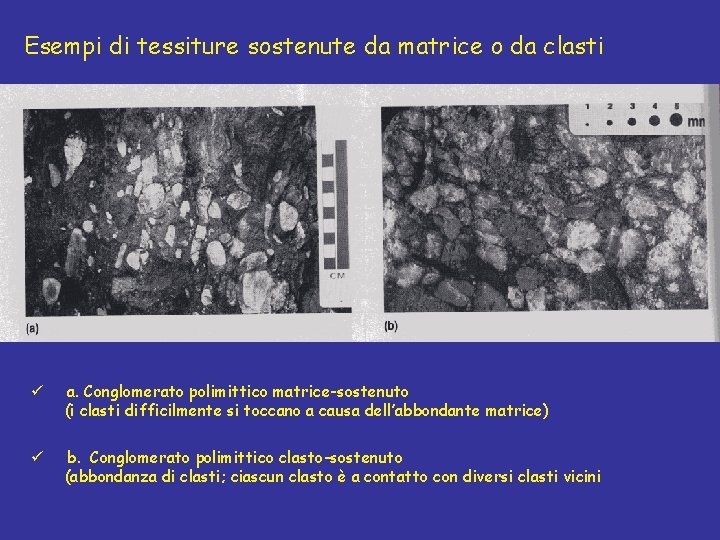 Esempi di tessiture sostenute da matrice o da clasti ü a. Conglomerato polimittico matrice-sostenuto