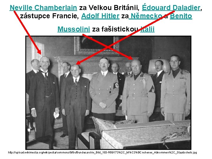 Neville Chamberlain za Velkou Británii, Édouard Daladier, zástupce Francie, Adolf Hitler za Německo a