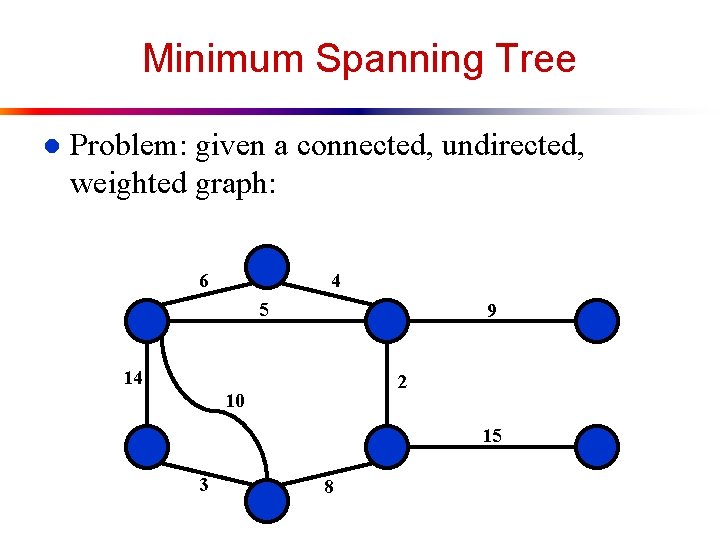 Minimum Spanning Tree l Problem: given a connected, undirected, weighted graph: 6 4 5