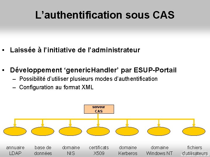 L’authentification sous CAS • Laissée à l’initiative de l’administrateur • Développement ‘generic. Handler’ par