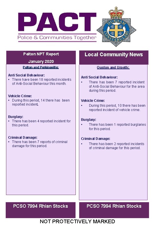 NOT PROTECTIVELY MARKED Pelton NPT Report Local Community News January 2020 Pelton and Perkinsville: