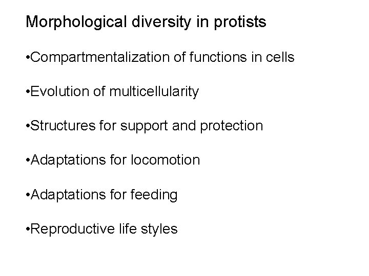 Morphological diversity in protists • Compartmentalization of functions in cells • Evolution of multicellularity