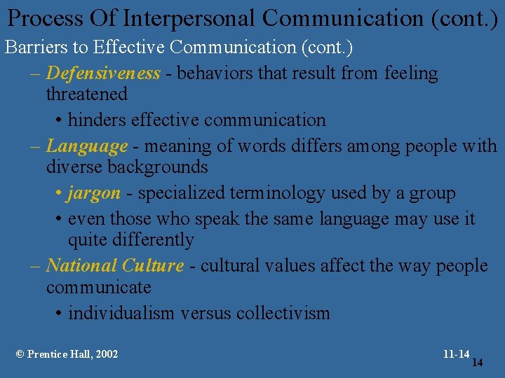 Process Of Interpersonal Communication (cont. ) Barriers to Effective Communication (cont. ) – Defensiveness