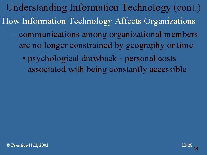 Understanding Information Technology (cont. ) How Information Technology Affects Organizations – communications among organizational