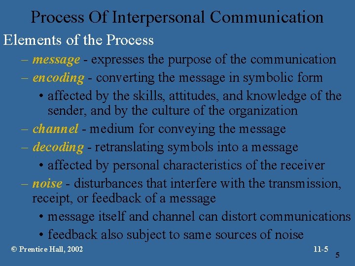 Process Of Interpersonal Communication Elements of the Process – message - expresses the purpose