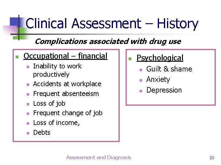 Clinical Assessment – History Complications associated with drug use n Occupational – financial n