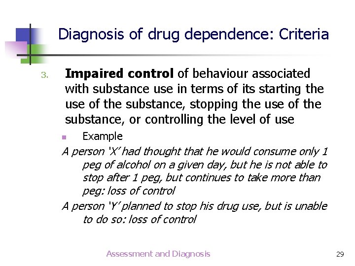 Diagnosis of drug dependence: Criteria 3. Impaired control of behaviour associated with substance use Diagnosis of drug dependence: Criteria 3. Impaired control of behaviour associated with substance use