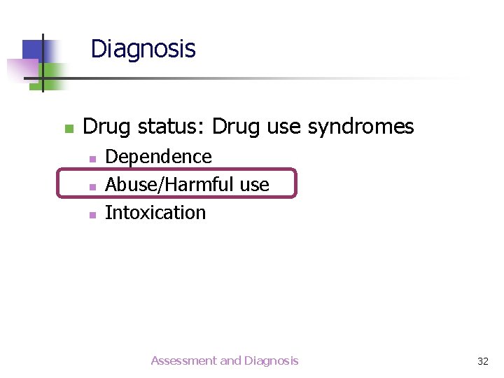 Diagnosis n Drug status: Drug use syndromes n n n Dependence Abuse/Harmful use Intoxication