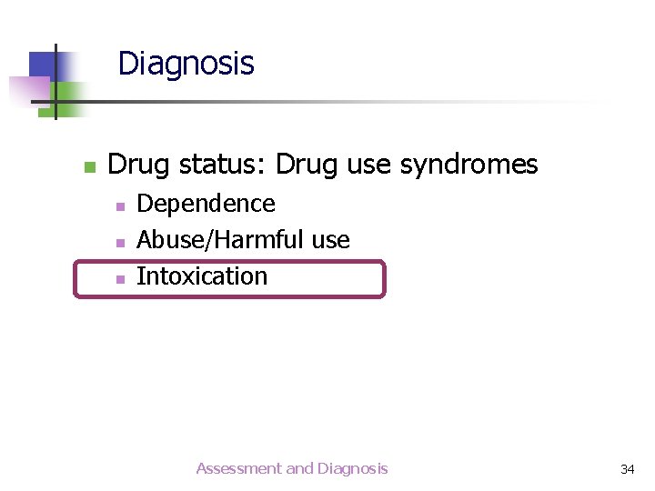 Diagnosis n Drug status: Drug use syndromes n n n Dependence Abuse/Harmful use Intoxication