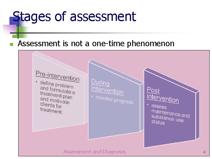 Stages of assessment n Assessment is not a one-time phenomenon Assessment and Diagnosis 4