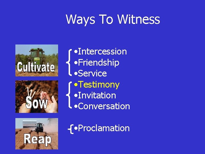 Ways To Witness • Intercession • Friendship • Service • Testimony • Invitation •