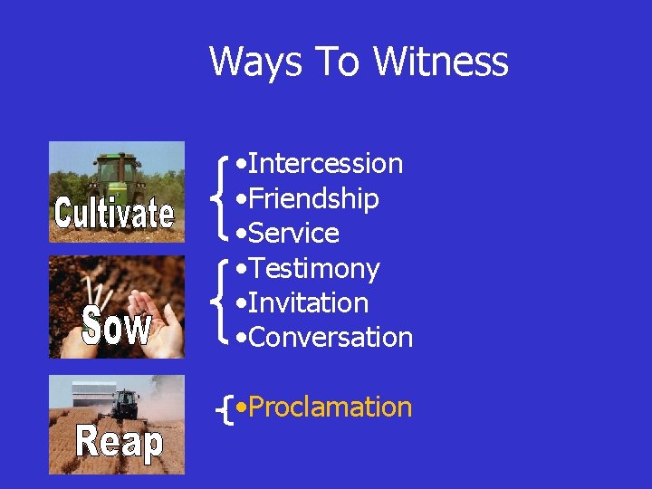 Ways To Witness • Intercession • Friendship • Service • Testimony • Invitation •