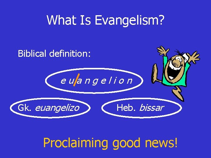 What Is Evangelism? Biblical definition: euangelion Gk. euangelizo Heb. bissar Proclaiming good news! 