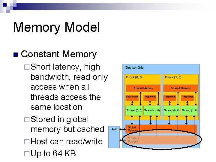 Memory Model n Constant Memory ¨ Short latency, high bandwidth, read only access when
