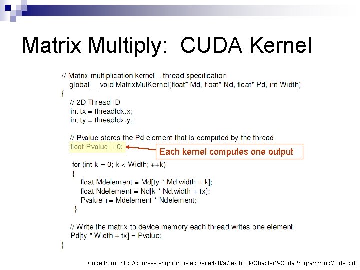 Matrix Multiply: CUDA Kernel Each kernel computes one output Code from: http: //courses. engr.