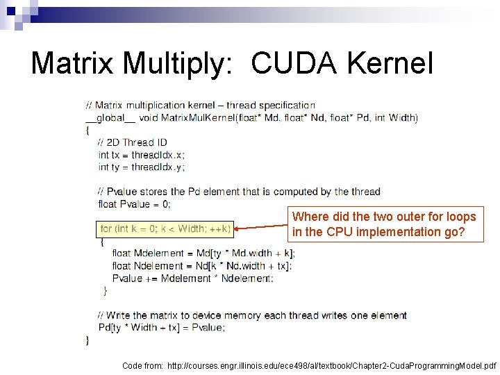 Matrix Multiply: CUDA Kernel Where did the two outer for loops in the CPU